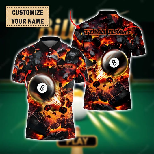 Custom 8 Ball Billiards Polo Shirt, Personalized Pool Team Jersey, Fire Lava Pool Shirt, Custom Name and Team Shirt, Billiard Lover Gift.