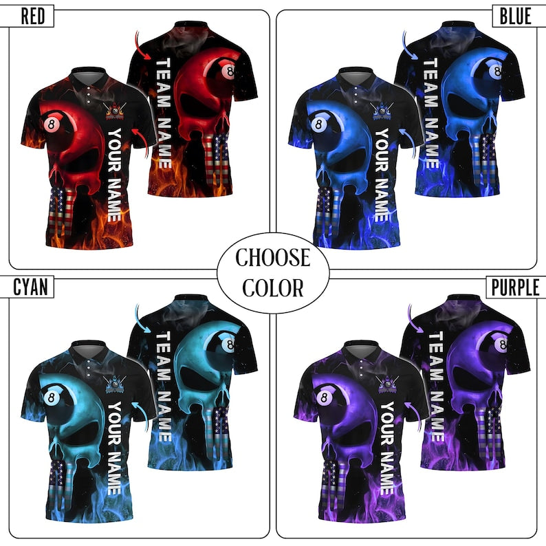Custom Blue Skull Billiards Polo Shirt, 8 Ball Pool Team Shirt with American Flag, Personalized Name & Team Jersey, Skull Player Gift Shirt.