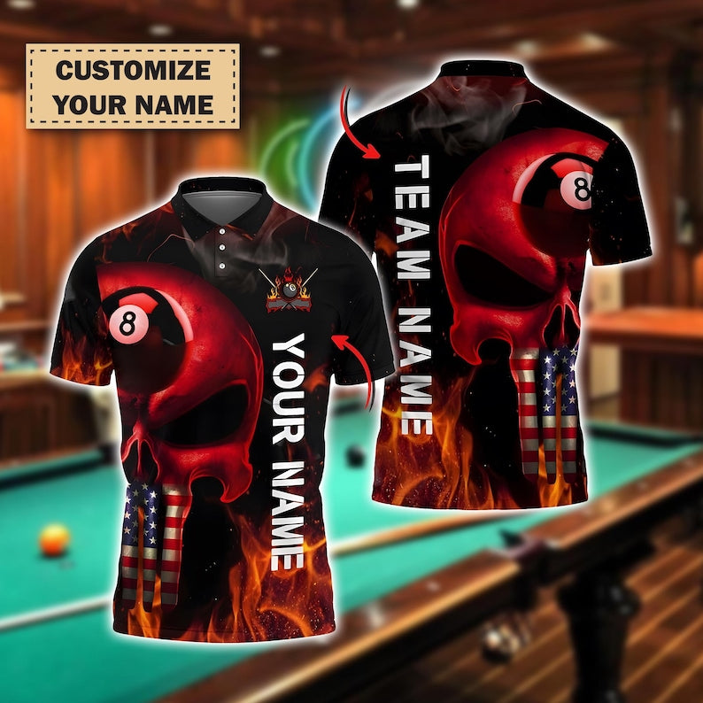 Custom Blue Skull Billiards Polo Shirt, 8 Ball Pool Team Shirt with American Flag, Personalized Name & Team Jersey, Skull Player Gift Shirt.