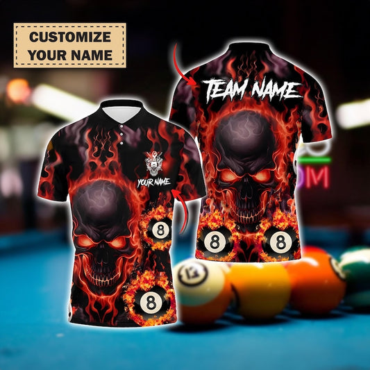Custom Flaming Skull Billiards Polo Shirt for Men, Personalized 8 Ball Pool Team Jersey, Red Fire Cue Sports Polo, Gift for Pool Players.