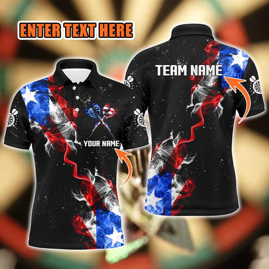 Customized Grunge US Flag Smoke Darts Polo Shirt, Patriotic Sportswear For Gift, Tournament Or Team Event, Apparel For Men Or Dart Lover.
