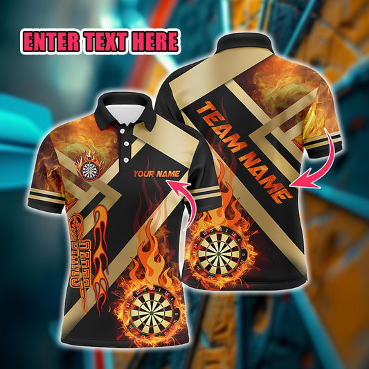 Custom Dartboard Fire Flame Polo Shirt With Name, Personalized Darts Jerseys For Tournament Or Team Event, Apparel For Men Or Dart Players.