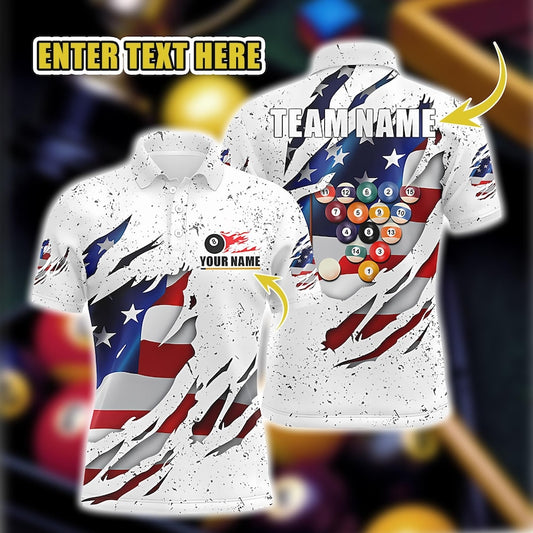 Custom Billiards Polo Shirt for Men, White Grunge 8 Ball Pool Jersey with USA Flag, Personalized Cue Sports Shirt, American Snooker Gift.