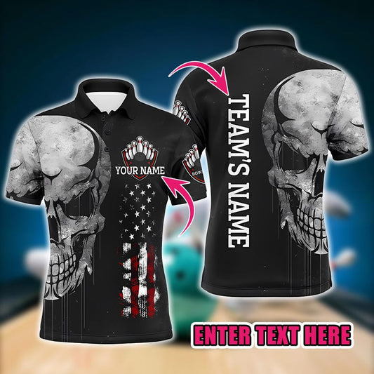 Custom Skull Bowling Polo Shirt for Men, Patriotic Polo Jersey with American Flag, Personalized Name Shirt for Bowlers and League Teams.