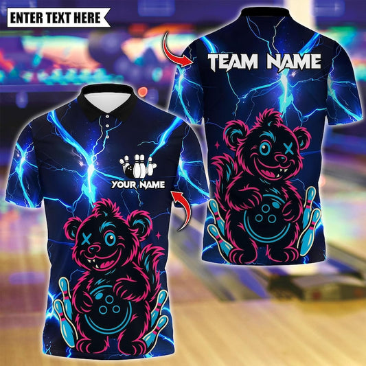 Custom 3D Bowling Wild Bear with Ball Polo Shirt, Personalized Bowling Team Shirt, Bowling Tournament Jersey, Gift for Bowlers, Sports Polo