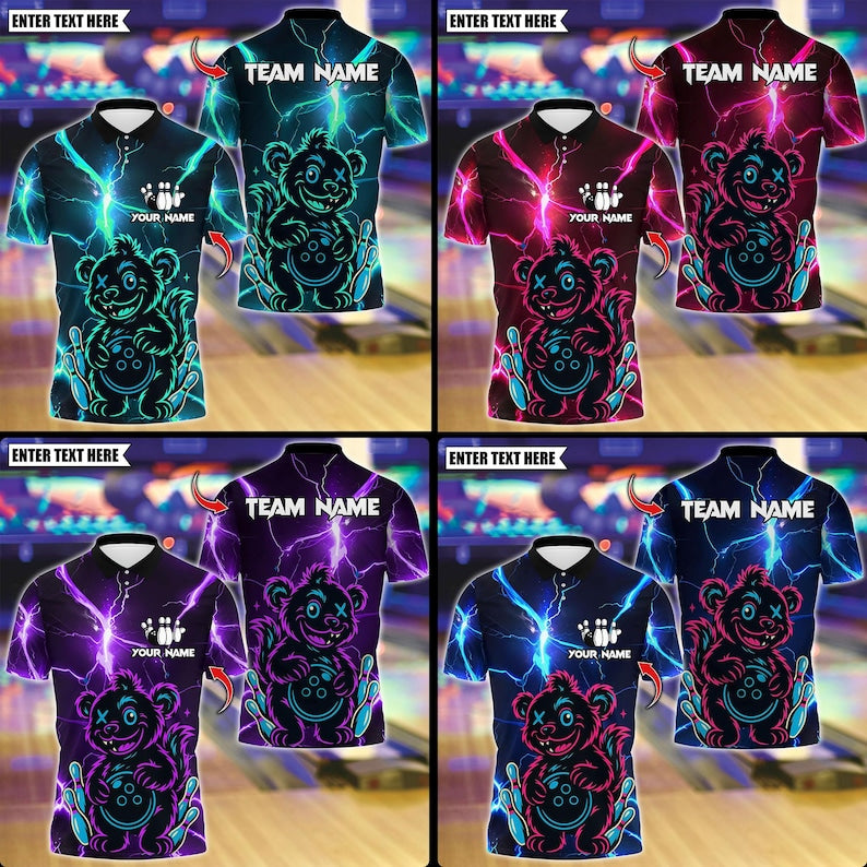 Custom 3D Bowling Wild Bear with Ball Polo Shirt, Personalized Bowling Team Shirt, Bowling Tournament Jersey, Gift for Bowlers, Sports Polo