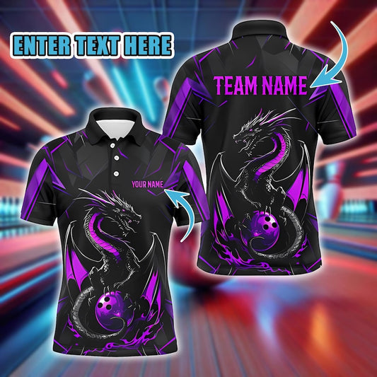 Custom Fantasy Bowler Polo, Personalized Black and Purple Dragon Bowling Polo for Men, Team League Uniform Shirt, Gift for Players.