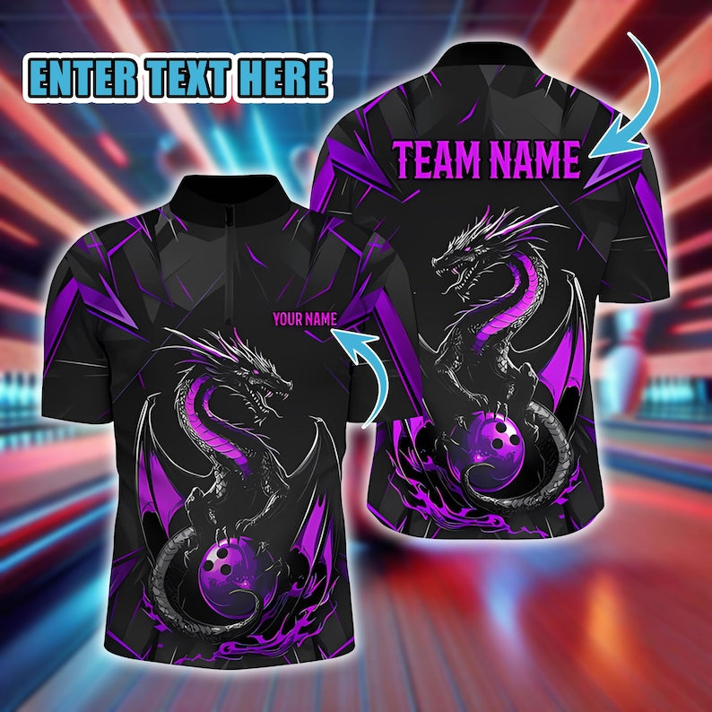 Custom Fantasy Bowler Polo, Personalized Black and Purple Dragon Bowling Polo for Men, Team League Uniform Shirt, Gift for Players.