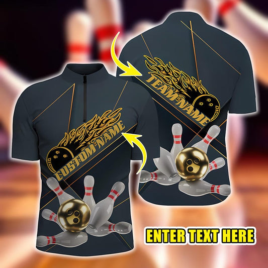 Custom Golden Bowling Polo, Flame Design Team Shirt, Customizable Bowling Uniform for League Players, Gift for Bowlers.