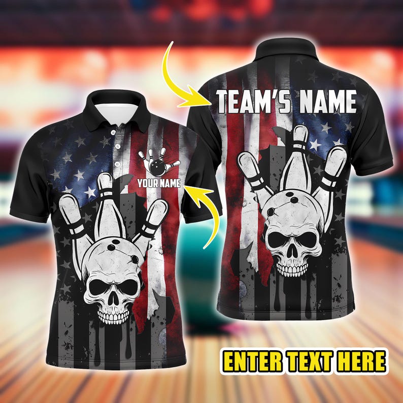 Custom Bowling Polo for Men, Personalized Team Name Jersey with American Flag Design, Cool Bowler Shirt, League Uniform.