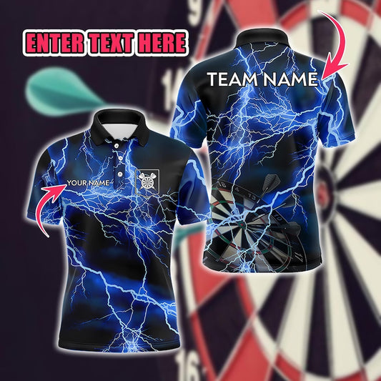 Blue & Black Thunder Lightning Darts Polo Shirt With Pocket, Custom 3D Design For Tournament Or Team Event, Personalized Apparel For Men.