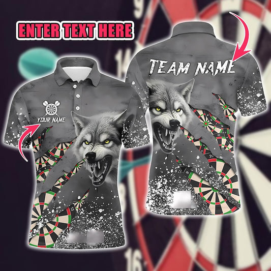 Personalized Grey Grunge Wolf Darts Polo Shirt For Men, Custom Darts League Shirts For Team Event, Cool Dart Jerseys For Players.