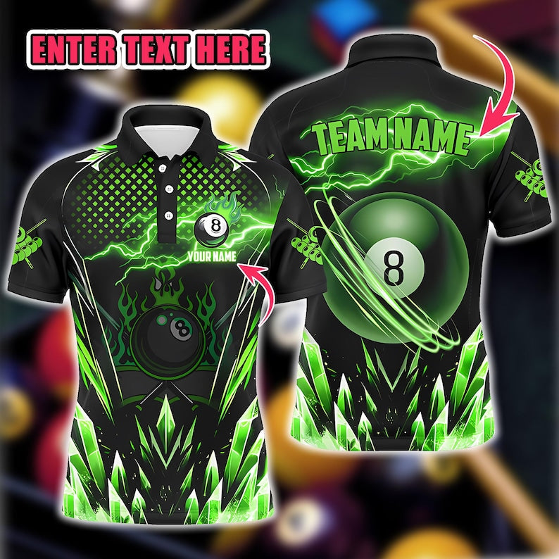 Custom Billiards Polo Shirt for Men, Personalized Green Lightning 8 Ball Pool Jersey, Snooker League Uniform, Gift for Pool Players.