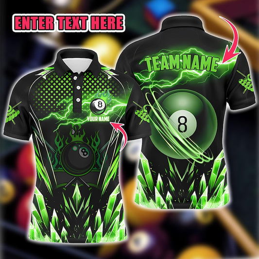 Custom Billiards Polo Shirt for Men, Personalized Green Lightning 8 Ball Pool Jersey, Snooker League Uniform, Gift for Pool Players.