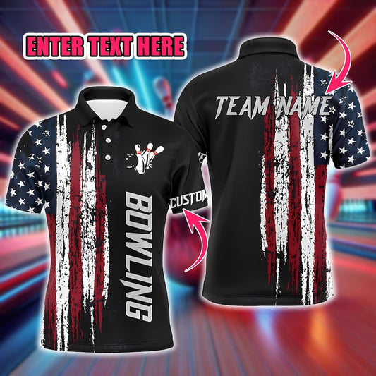 Custom American Flag Bowling Polo Shirt for Men, Patriotic Bowling Team Jersey, Personalized Polo Shirt for League Bowlers & USA Fans.