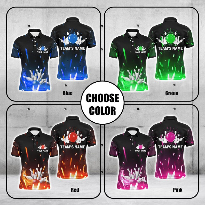 Personalized Flame Bowling Polo Shirt for Men, Custom Polo with Bowling Ball and Pins, Short Sleeve Bowler Jersey, Team League Uniform.