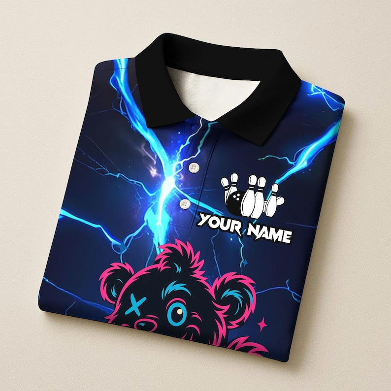 Custom 3D Bowling Wild Bear with Ball Polo Shirt, Personalized Bowling Team Shirt, Bowling Tournament Jersey, Gift for Bowlers, Sports Polo