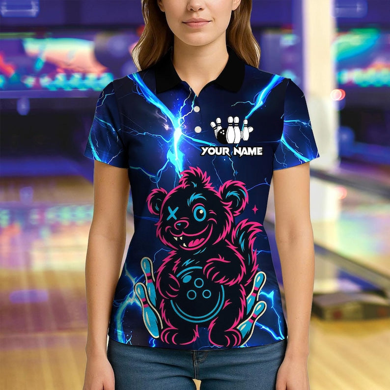 Custom 3D Bowling Wild Bear with Ball Polo Shirt, Personalized Bowling Team Shirt, Bowling Tournament Jersey, Gift for Bowlers, Sports Polo
