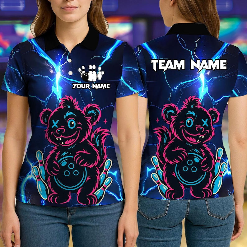 Custom 3D Bowling Wild Bear with Ball Polo Shirt, Personalized Bowling Team Shirt, Bowling Tournament Jersey, Gift for Bowlers, Sports Polo