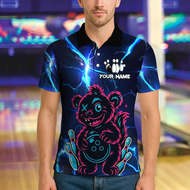 Custom 3D Bowling Wild Bear with Ball Polo Shirt, Personalized Bowling Team Shirt, Bowling Tournament Jersey, Gift for Bowlers, Sports Polo