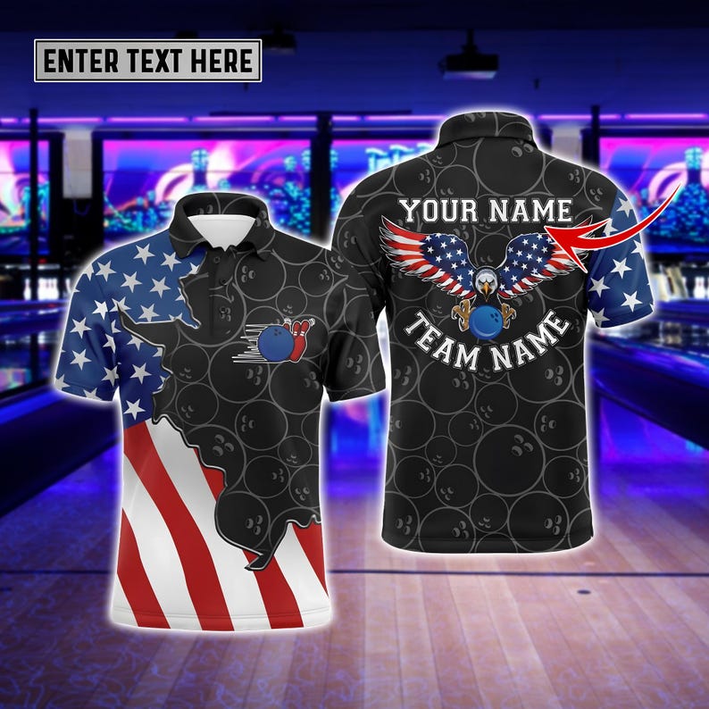 Custom Bowling Polo Shirt for Men, Personalized Name Retro American Flag Bowling Team Shirt, Patriotic Bowling Polo, Gift for Friends.