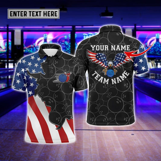 Custom Bowling Polo Shirt for Men, Personalized Name Retro American Flag Bowling Team Shirt, Patriotic Bowling Polo, Gift for Friends.