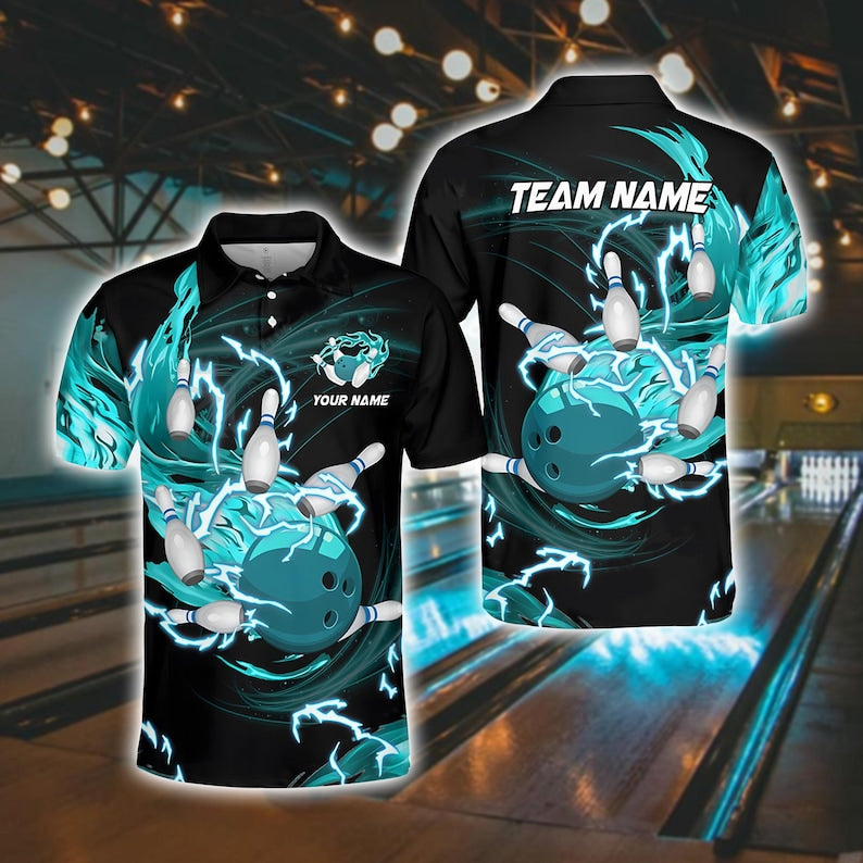 Custom Bowling Polo Shirt, Personalized Name & Team Jersey with Bowling Ball, Thunder Flame Multicolor Bowling Team Shirt.
