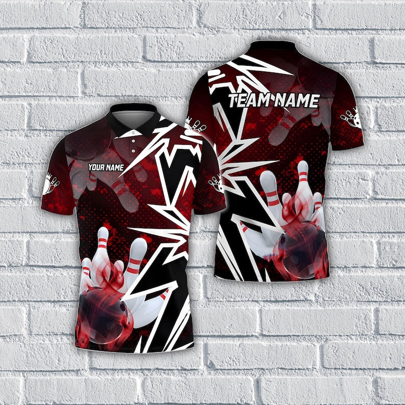 Custom Bowling Polo Shirt, Personalized Name & Team Zipper Jersey, Bowling Ball and Pins Smoke Design Multicolor Polo.