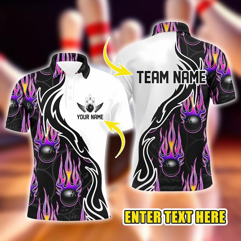 Custom Bowling Polo Unisex, Personalized Team Jersey, Unique Flame Design League Uniform, Gift for Bowlers.