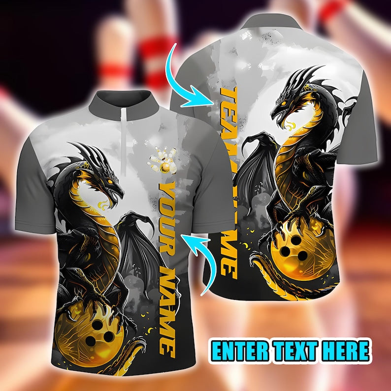 Custom Bowling Polo Shirt, Custom Black and Gold Dragon Bowling Shirt for Men, Unique Design Bowler Polo, Gift for Bowlers.