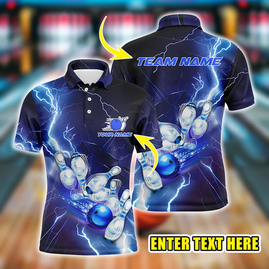 Custom Bowling League Uniform, Personalized Blue Lightning Thunder Bowling Jersey for Men, Team Bowling Shirt, Gift for Bowlers.