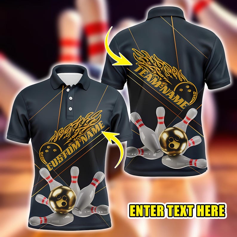 Custom Golden Bowling Polo, Flame Design Team Shirt, Customizable Bowling Uniform for League Players, Gift for Bowlers.