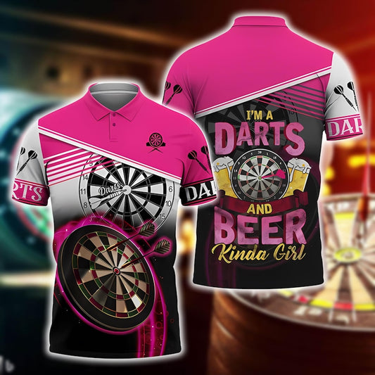 I’m a Darts and Beer Kinda Girl Polo Shirt, Pink Custom Name 3D Dartboard Print, Funny Dart Player Jersey, Sports Casual Top.