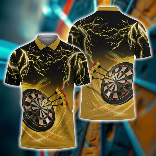 Lightning Dartboard Polo Shirt, 3D Custom Name, Yellow and Black Dart Player Jersey for Sports Fans, Sports Casual Top.