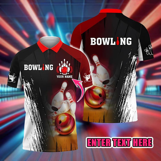 Bowling Polo Shirt, Custom Name 3D Print, Bowling Ball and Pins Design, Sports Jersey for Bowling Fans, Sports Casual Top.