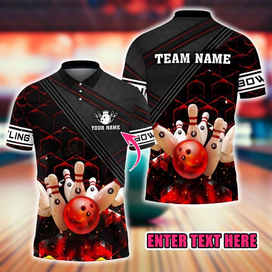 Bowling Polo Shirt, Custom Name & Team Name, 3D Print Bowling Ball and Pins Design, Sports Jersey for Bowlers, Sports Casual Top.