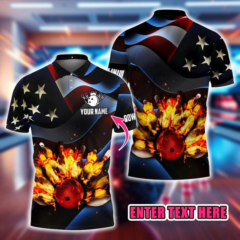 Custom Bowling Polo Shirt, Personalized Name 3D Bowling Ball and Pins Flame Design, American Flag Sports Jersey Gift for Bowlers.