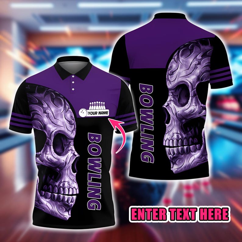 Custom Bowling Polo Shirt, Personalized Name Purple Skull 3D Print, Bowling Team Jersey Sportswear Gift for Bowlers Men Women Youth.