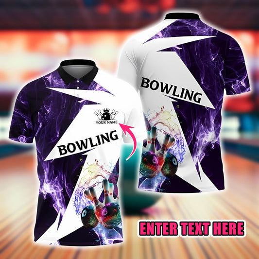 Custom Bowling Polo Shirt, Personalized Name 3D Color Splash Bowling Ball and Pins Design, Bowling Team Jersey Gift for Bowlers Men Women.