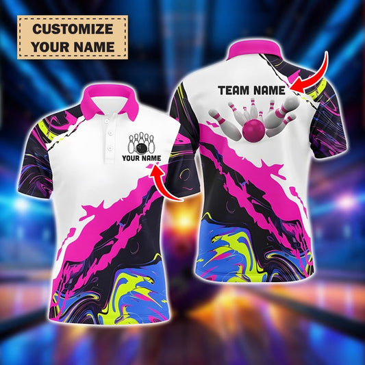 Custom Bowling Polo Shirt, Personalized Name and Team Jersey, Colorful Neon Pink Bowling Ball and Pins Design, Sportswear Gift for Bowlers.