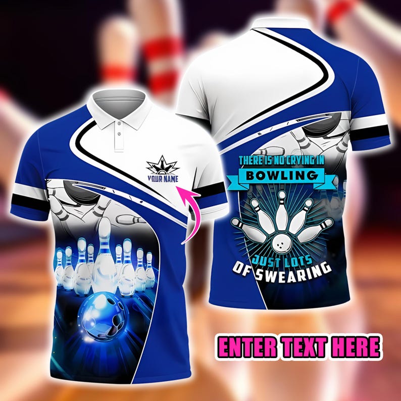Custom Bowling Polo Shirt, Personalized Name Funny Quote Design, Blue 3D Bowling Ball and Pins Strike Team Jersey Gift for Bowlers Men Women