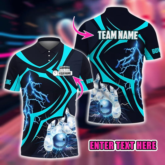 Custom Bowling Polo Shirt, Personalized Name and Team Jersey, Lightning 3D Bowling Ball and Pins Strike Design, Gift for Bowlers Men Women.