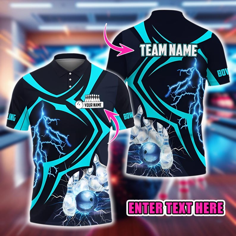 Custom Bowling Polo Shirt, Personalized Name and Team Jersey, Lightning 3D Bowling Ball and Pins Strike Design, Gift for Bowlers Men Women.