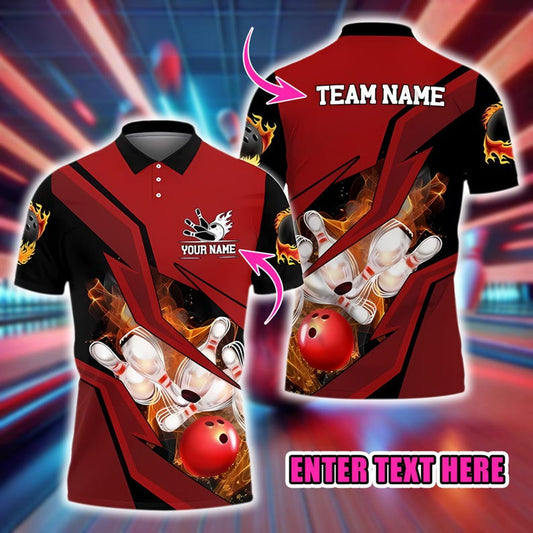 Custom Bowling Polo Shirt, Personalized Name and Team Jersey, 3D Bowling Ball and Pins Flame Strike Design, Sports Gift for Bowlers.