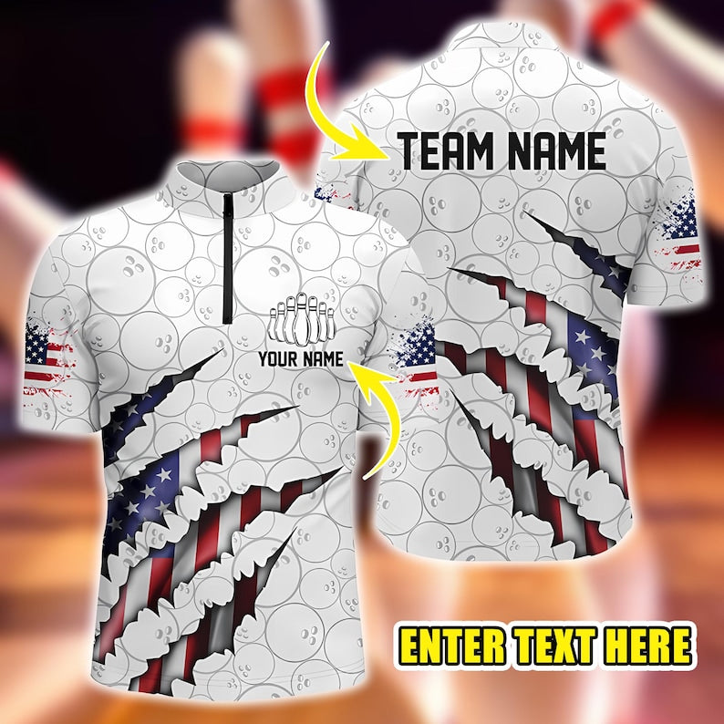 Personalized Patriotic Bowling Polo, American Flag Team Shirts for Men and Women, Custom League Bowling Gift, USA Bowler Jersey.
