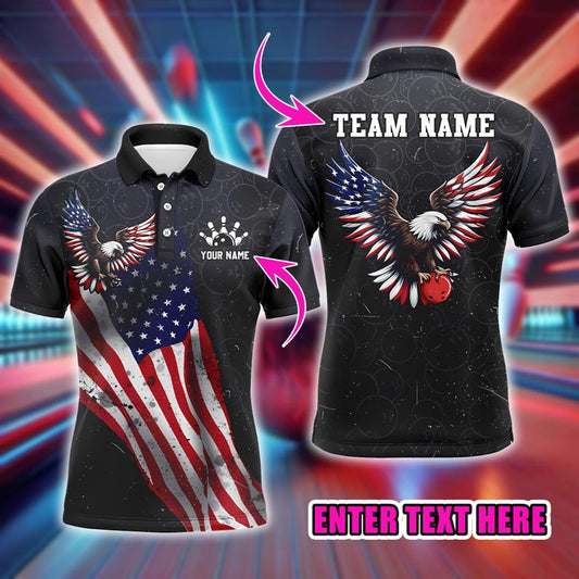 Custom US Flag Bowling Polo, Personalized Eagle Team Jersey for Men, Patriotic Bowler Shirt, League Bowling Uniform.