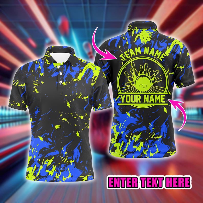 Custom Bowling Polo for Men, Personalized Team Jersey with Bowling Pins & Balls Design, League Bowler Shirt, Gift for Players.