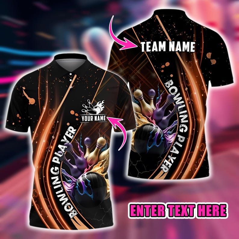 Custom Name Team Polo Shirt, Bowling Player Strike Flame, Bowling Polo Shirt For League Team Bowlers Men Women, Sports Gift for Bowlers.