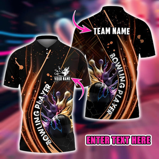 Custom Name Team Polo Shirt, Bowling Player Strike Flame, Bowling Polo Shirt For League Team Bowlers Men Women, Sports Gift for Bowlers.