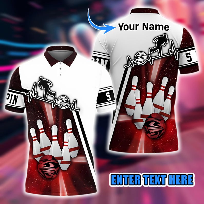 Bowling And Pins Break Pattern Customized Name 3D Printed Men's Polo Shirt, Summer Streetwear Casual Bowling Jersey For Unisex Players.